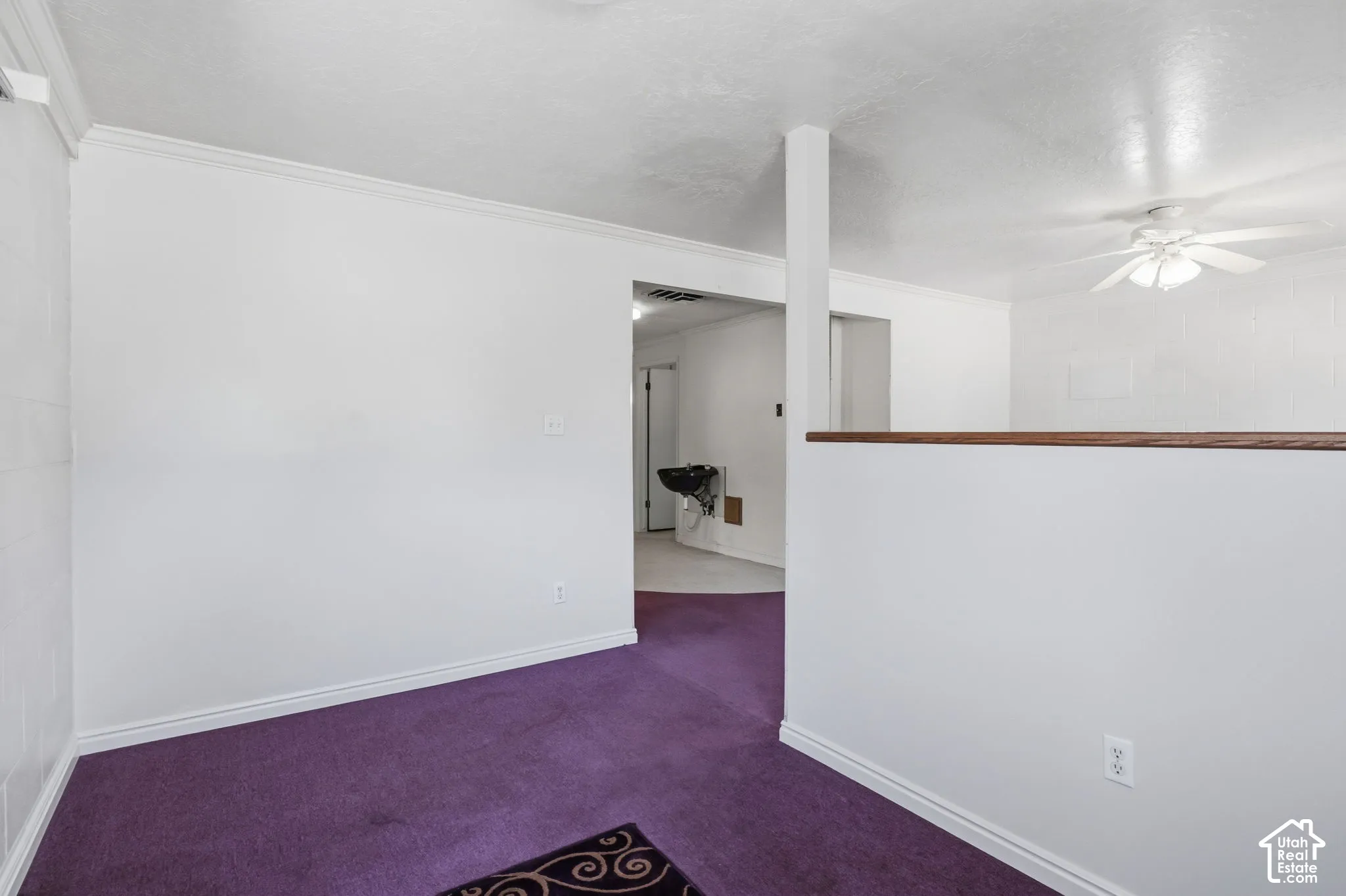 White painted walls with crown molding and baseboards, detached building