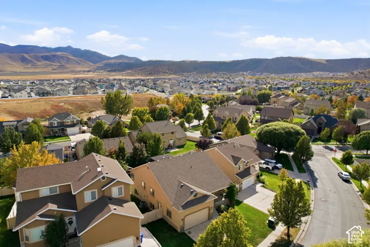 drone photo showing neighborhood with mature trees and mountains in the background