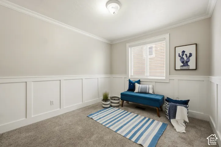 Board and batten wainscoting with crown molding, neutral wall color, and carpeted flooring
