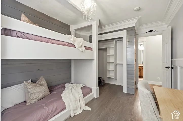 Built-in bunk beds with paneled walls, a built-in closet system with shelving, wood-finish flooring, and crown molding