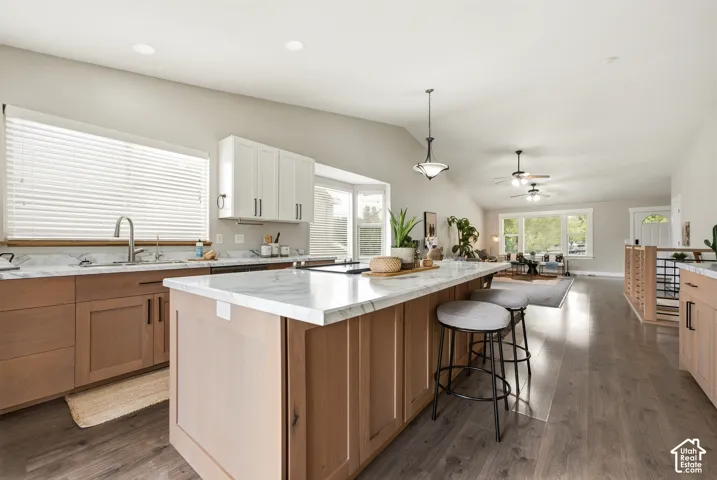 Spacious kitchen featuring an extended center island, integrated sink, and white upper cabinetry