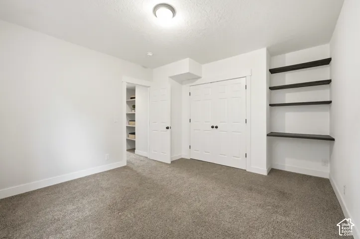 Built-in shelving, white paneled doors, and recessed lighting