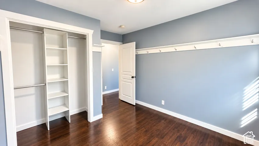Wood-finish flooring, built-in closet shelving, and a wall-mounted coat rack