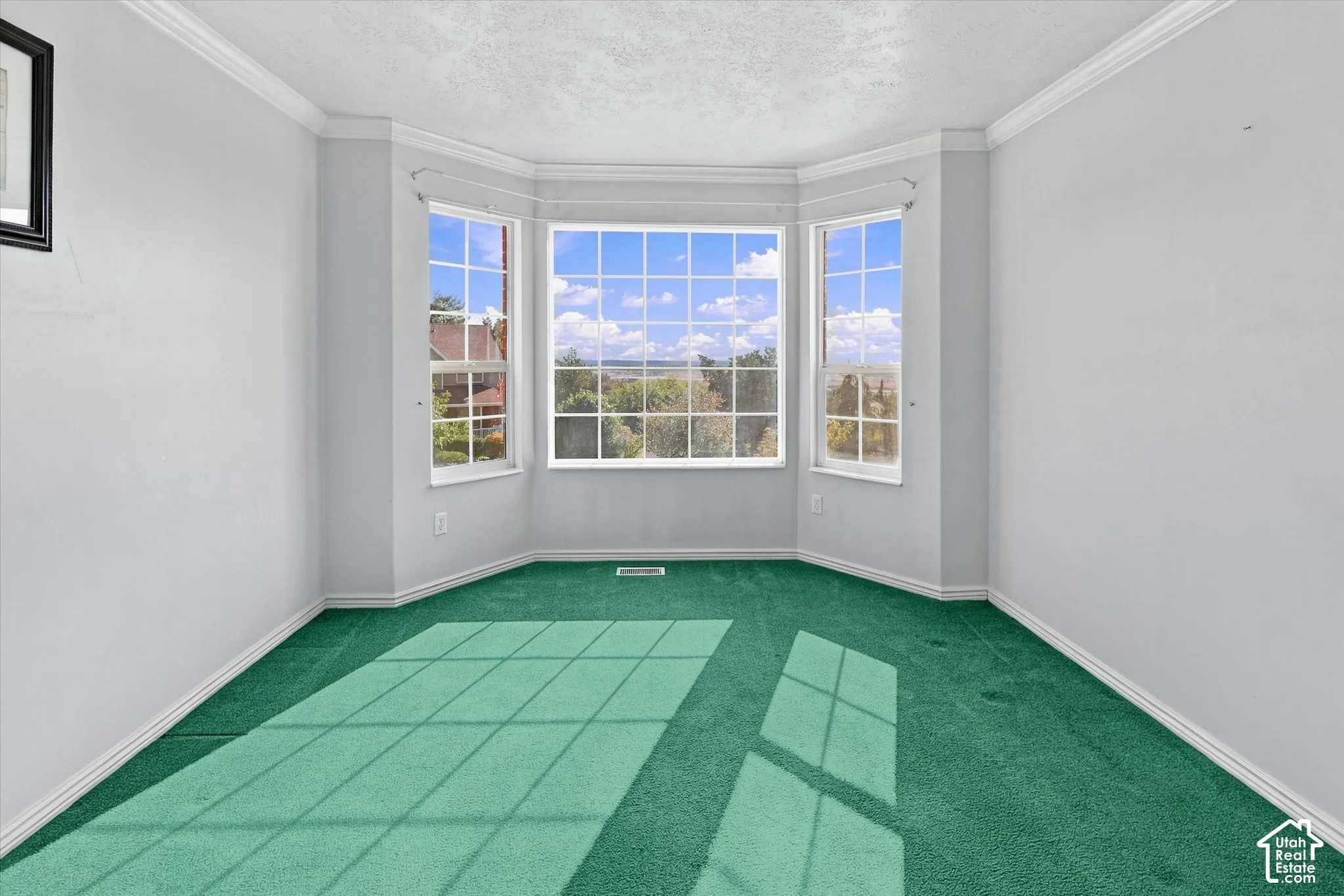 Bay window with multiple panes, green carpeting, crown molding, and white baseboards
