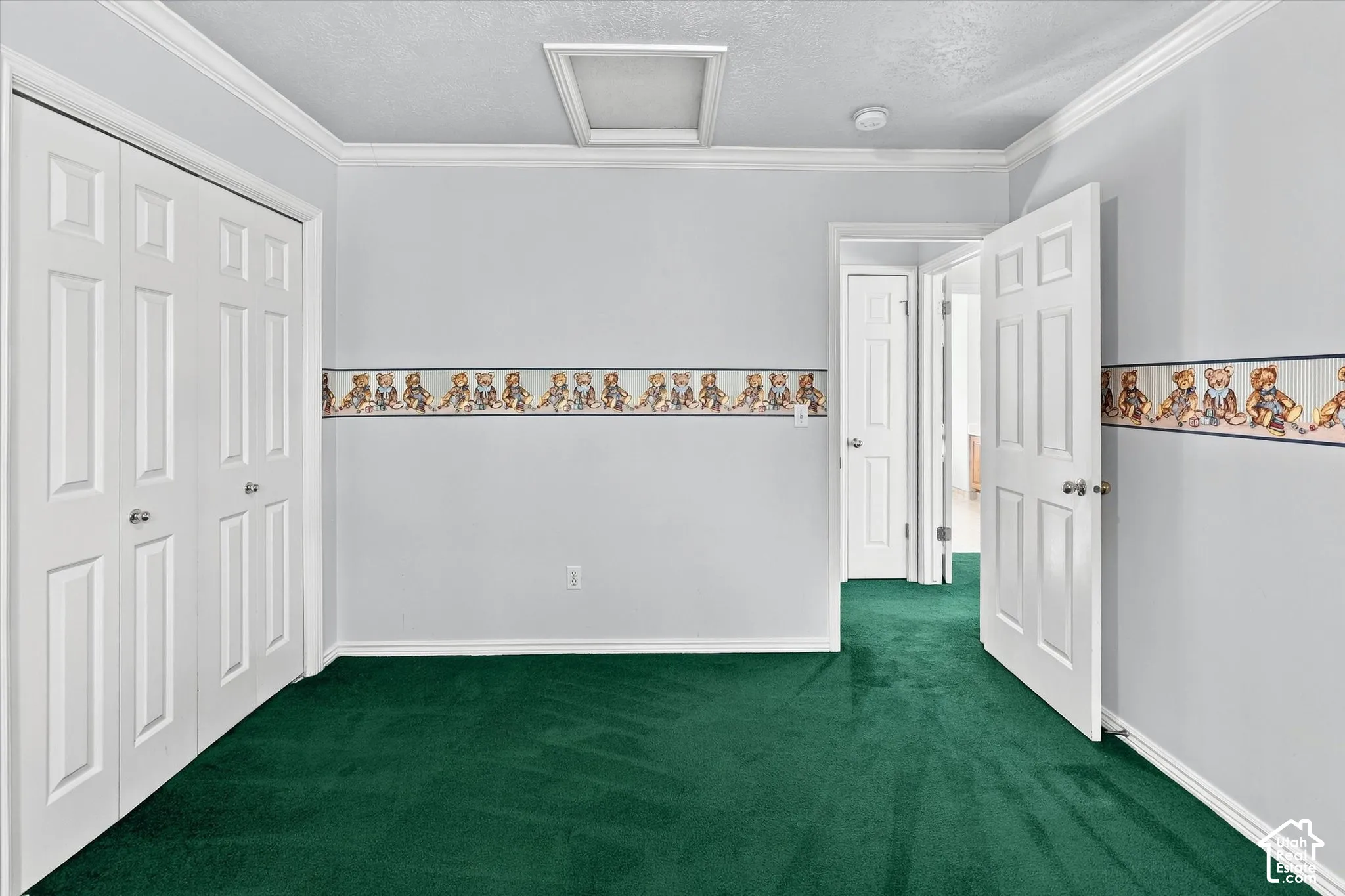 Plush green carpeting, crown molding, double bi-fold closet doors, and painted interior doors