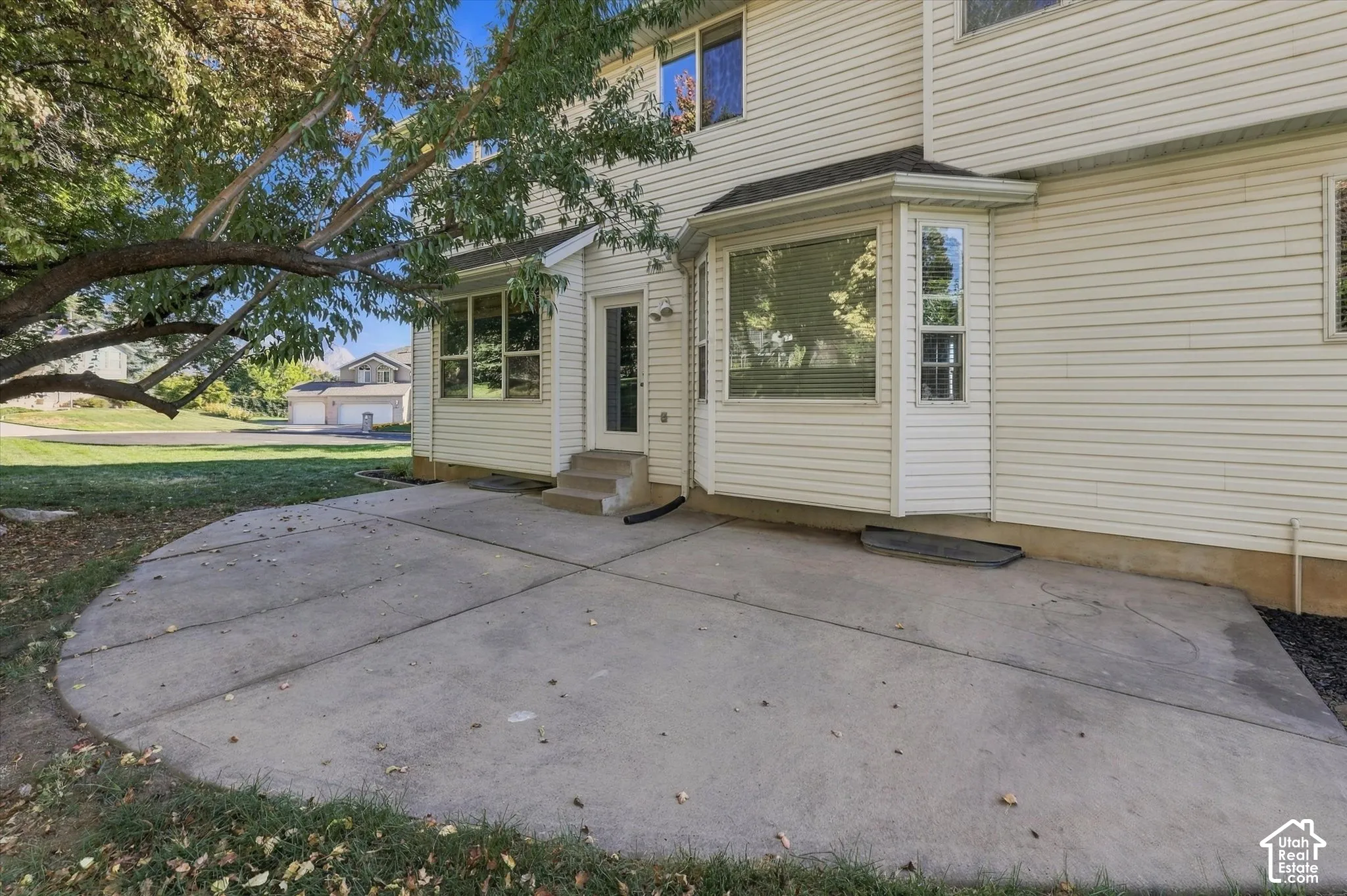 Expansive concrete patio with  backyard access