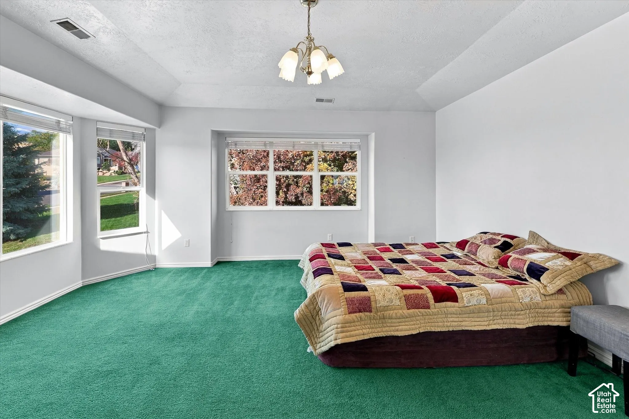 Huge Primary Suite ! Tray ceiling with an attached chandelier, fantastic natural light and amazing views.