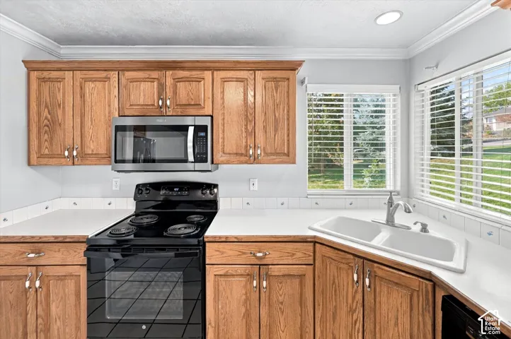 Wood cabinetry with silver-tone hardware, white countertops, tile backsplash, stainless steel microwave, and a double basin sink