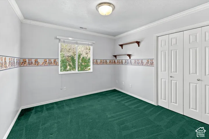 White double-pane window, white trim, white bi-fold closet doors, wall-mounted shelving, and a flush mount ceiling light fixture