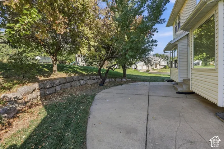 Backyard, concrete pathway with a stone retaining wall and mature trees