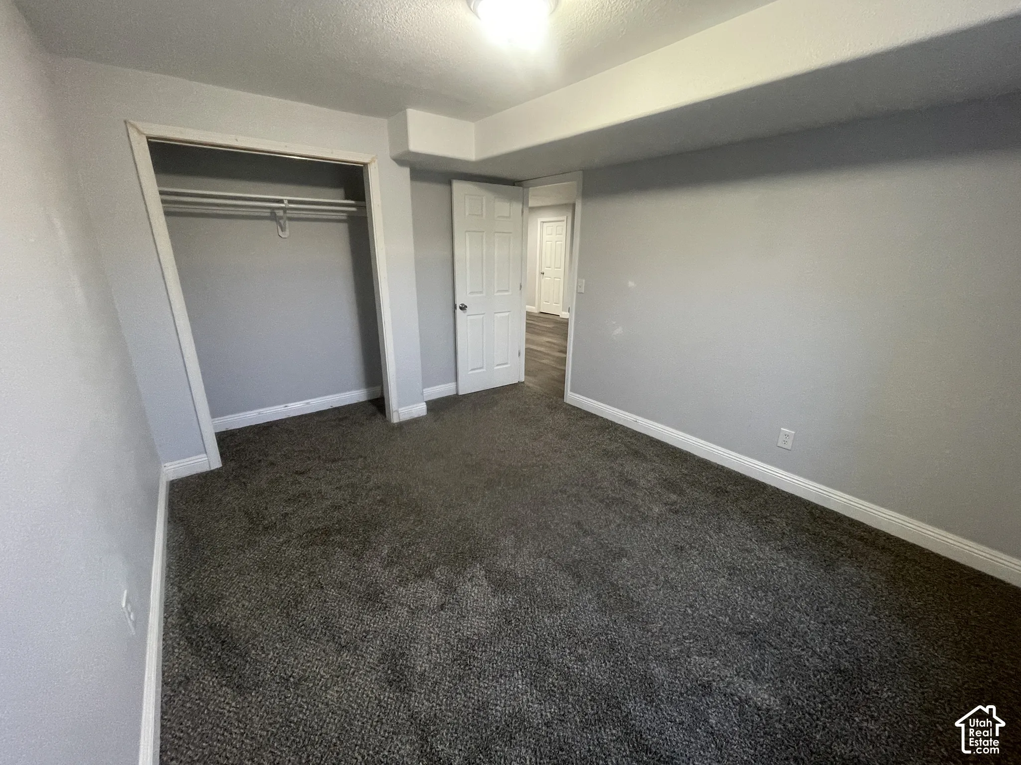 Neutral wall paint, plush carpet flooring, white trim, built-in closet with hanging rod, and paneled interior doors