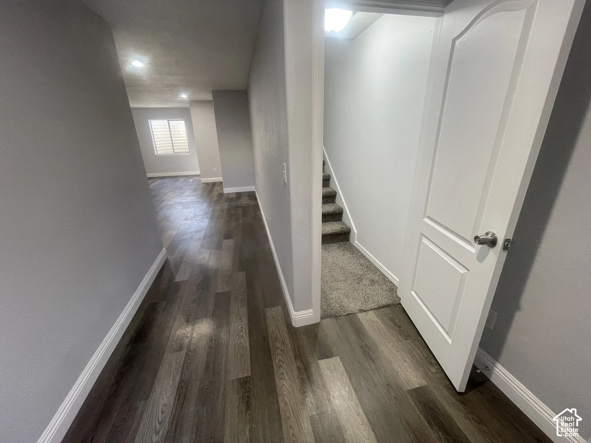Wood-finish flooring, white baseboards, and neutral wall paint
