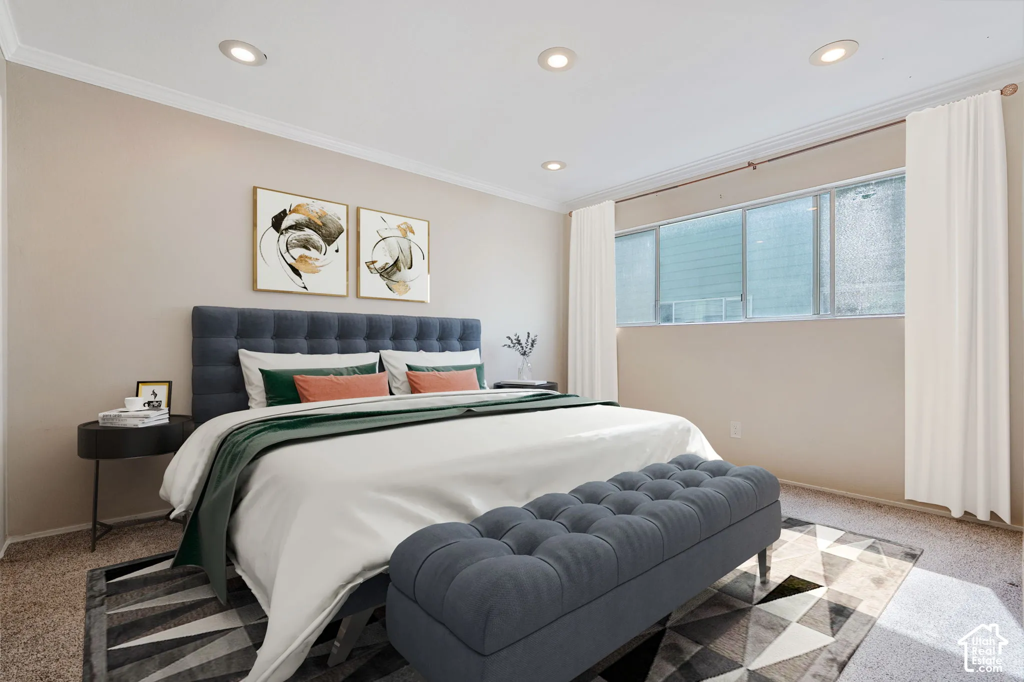 Recessed lighting, crown molding, wall-to-wall carpeting, and multiple windows with blinds