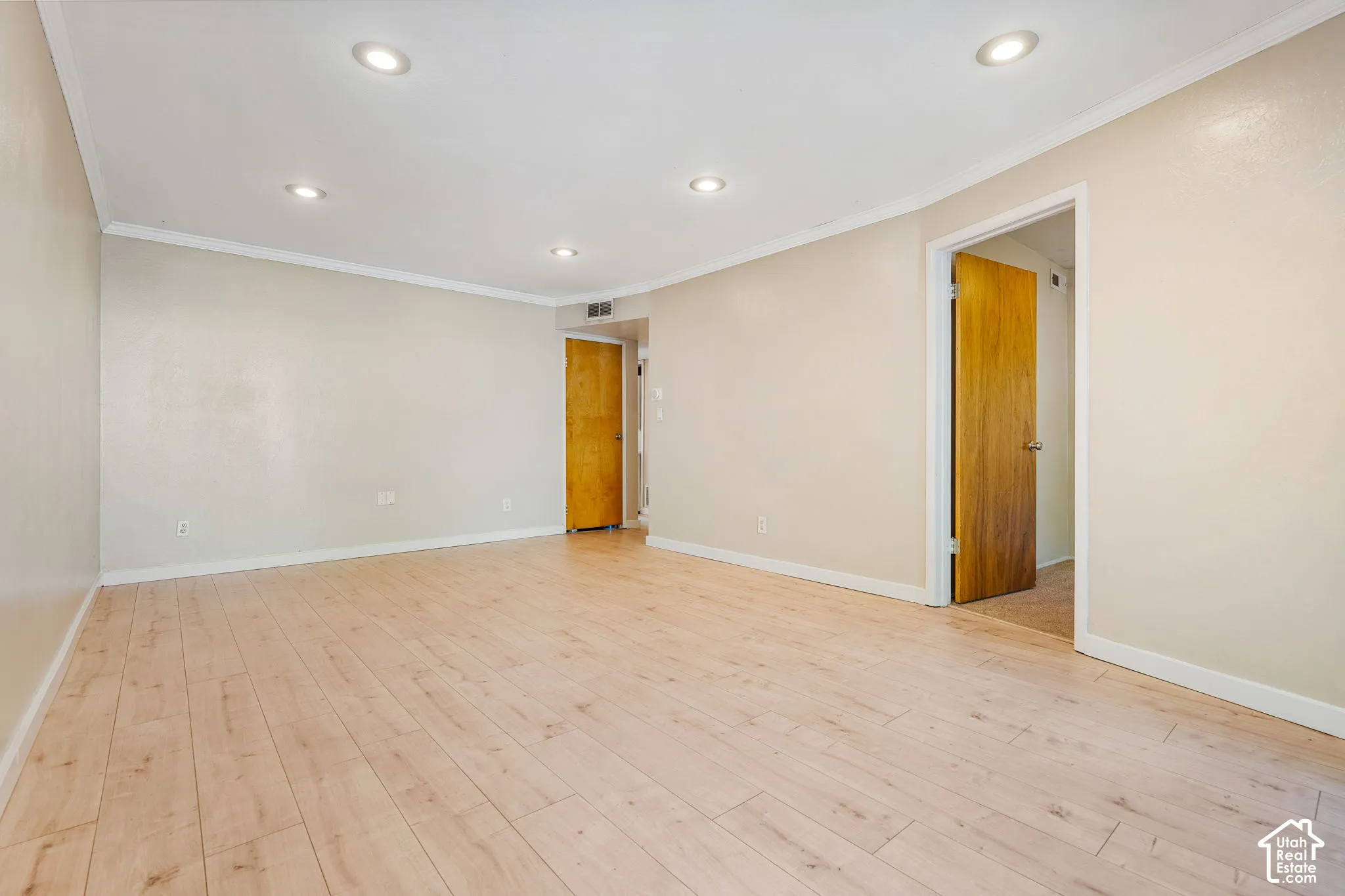 Recessed ceiling lighting, crown molding, wood-finish flooring, and solid core doors