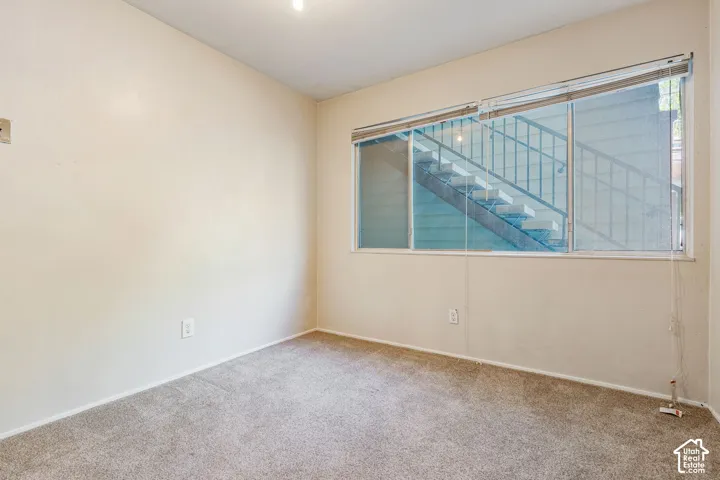 Carpeted flooring, neutral wall tones, and horizontal window blinds
