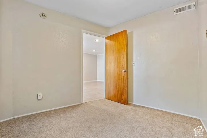 Carpeted room with a wood-finish door, light-colored walls, and a ceiling-mounted light fixture