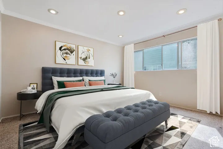 Recessed lighting, crown molding, wall-to-wall carpeting, and multiple windows with blinds