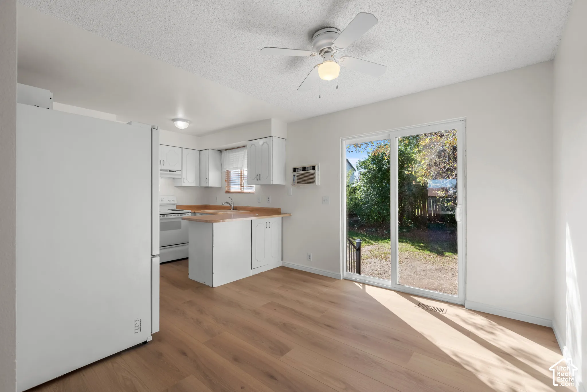 Wood-finish flooring, white cabinetry, wood-finish countertops, sliding glass door, and a ceiling fan