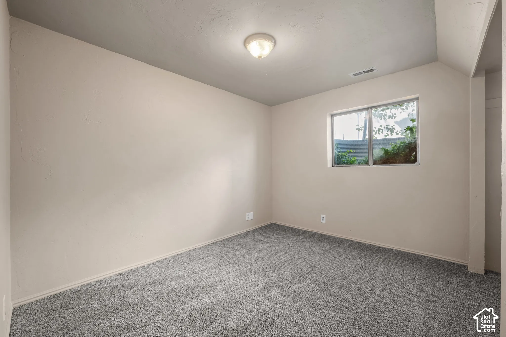 Plush gray carpeting, neutral wall finishes, recessed window, and flush mount lighting