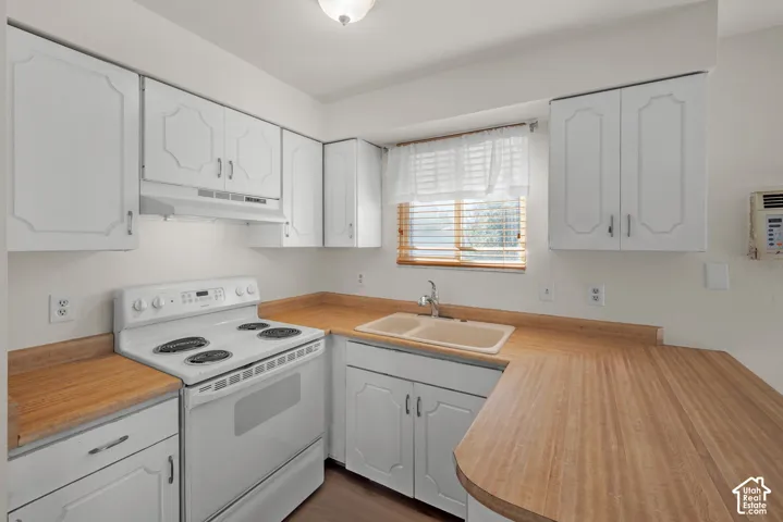 Kitchen featuring white cabinetry, wood-finish countertops, a double basin sink, and a white electric range