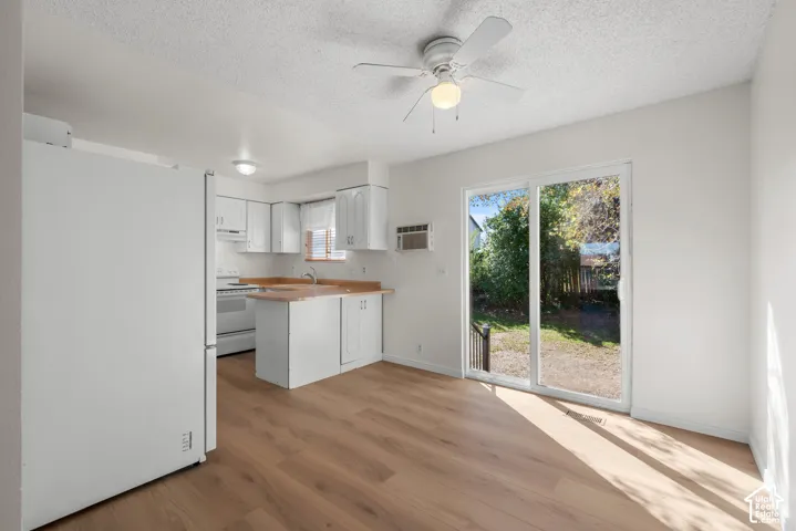 Wood-finish flooring, white cabinetry, wood-finish countertops, sliding glass door, and a ceiling fan
