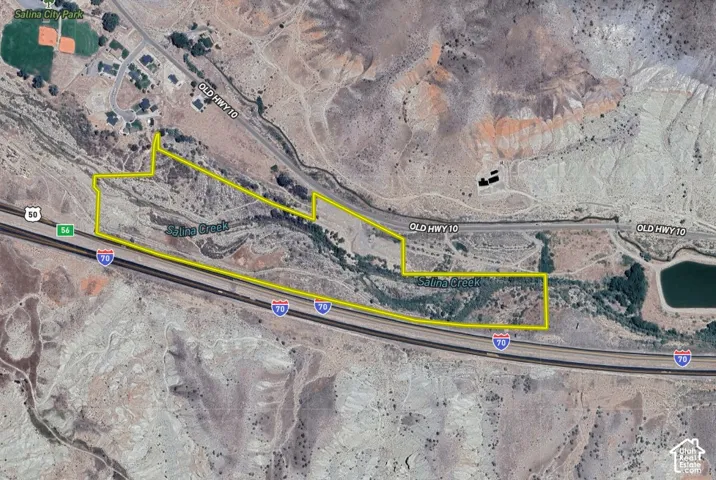 Aerial Map. Outlining the boundaries of the property along Salina Creek and I-70