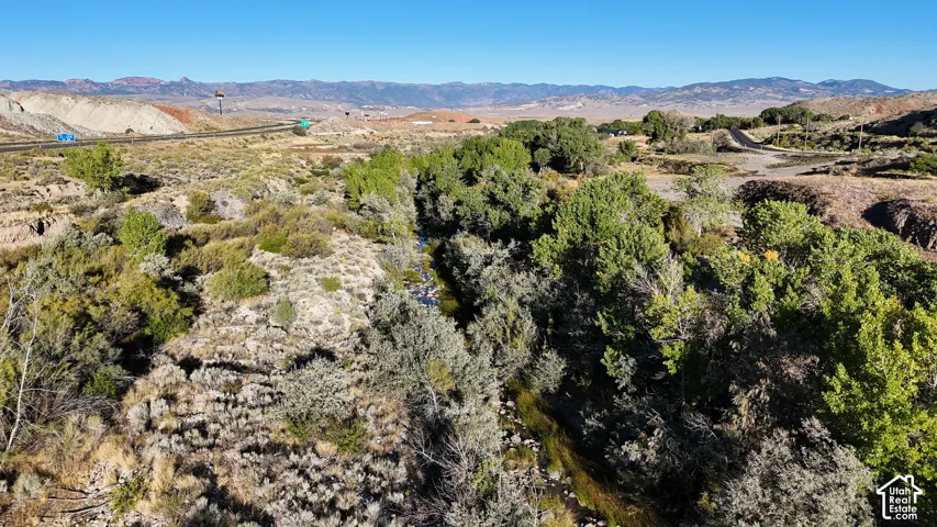 Natural water channel with surrounding mature trees and arid vegetation, set against a distant mountain range