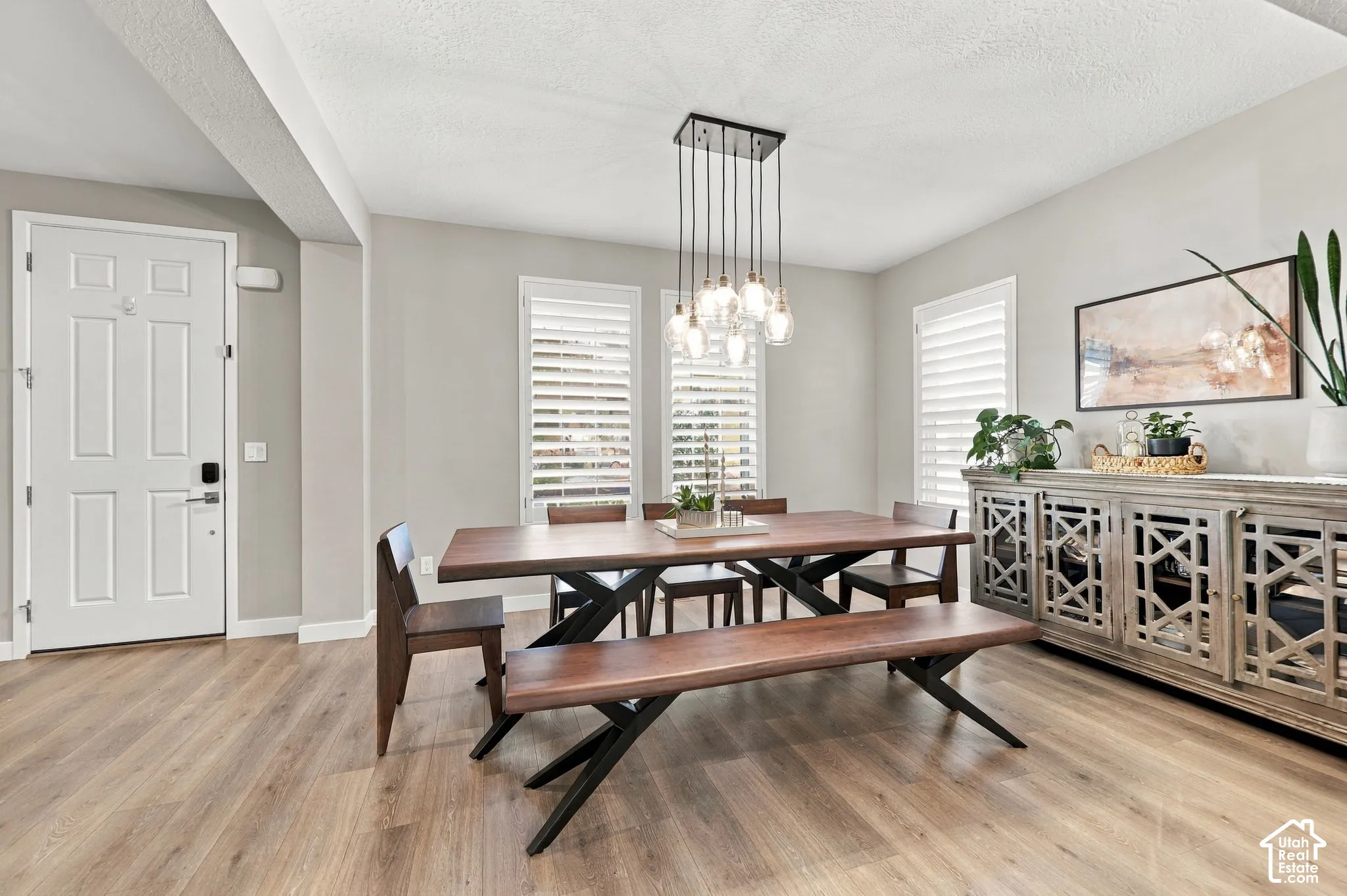 Wood-finish flooring, white panel entry door, shuttered windows, and a multi-bulb linear pendant light fixture