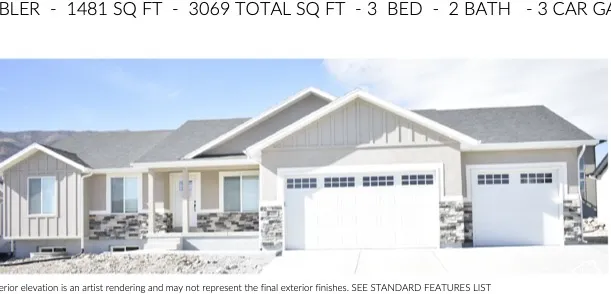 Multi-car garage with panel doors, stone veneer accents, and horizontal siding