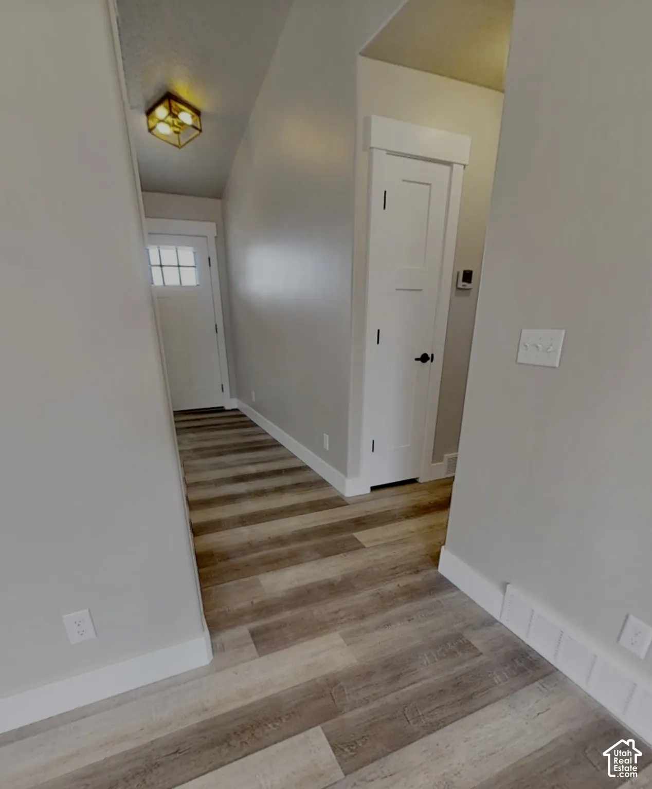Wood-finish flooring, white trim, and a contemporary ceiling fixture