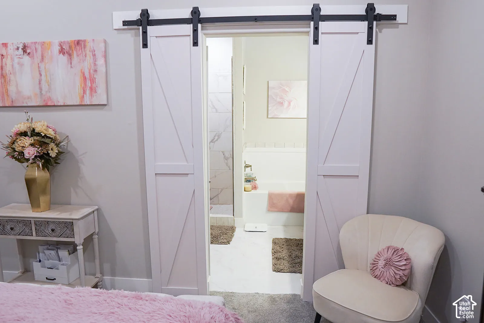 White sliding barn doors with black hardware