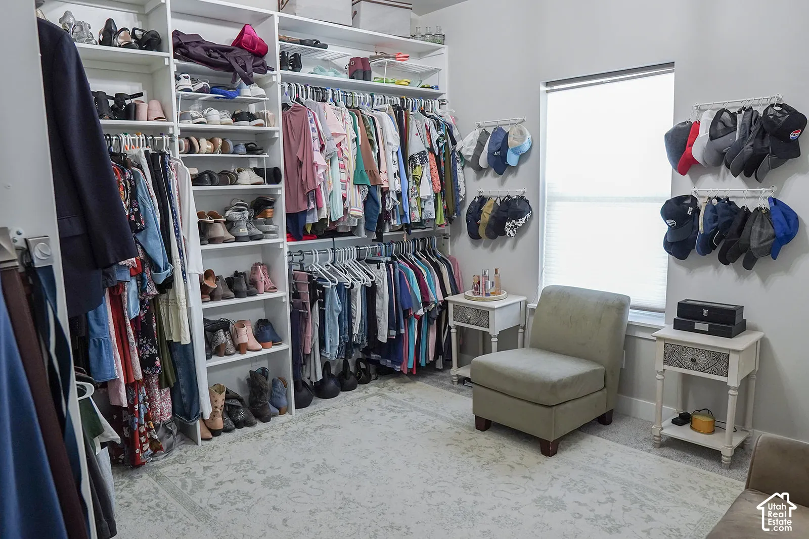 Built-in shelving and hanging rods for extensive storage