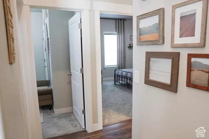 Carpeted room with a window featuring drapes, white trim, and a built-in shelf