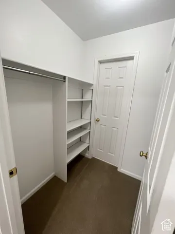Built-in shelving, hanging rod, neutral wall color, and a textured floor covering