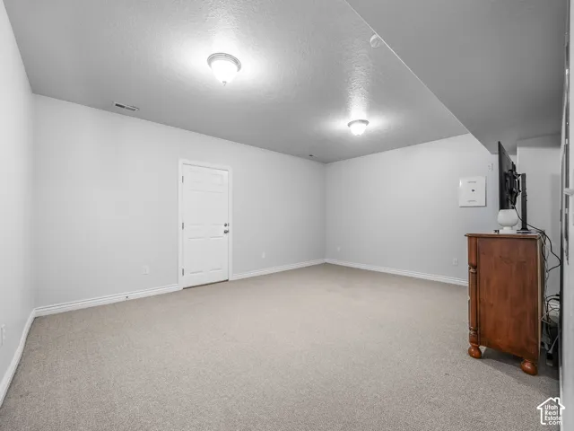 Carpeted flooring, white walls, white paneled door, and ceiling-mounted light fixtures