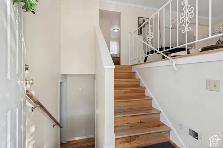 Choose your path on hardwood staircase with white wrought iron railing, leading to a bright open upper level or finished basement family room, bedroom, and bathroom.