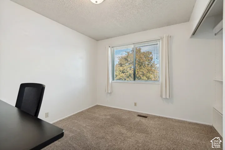 Carpeted room with a large window, white walls, and an integrated closet system