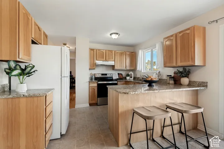 Kitchen featuring wood cabinetry, granite countertops, and breakfast bar