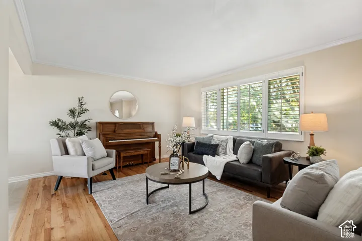 Hardwood flooring, crown molding, white plantation shutters, and light-toned wall paint
