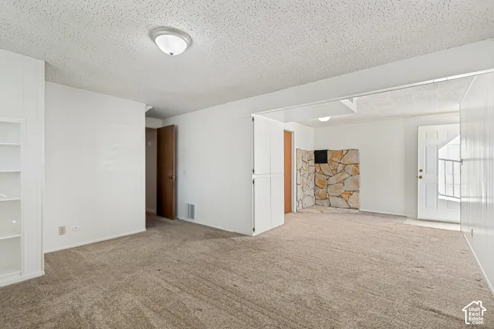Spacious Basement Family room featuring plush carpet, white paneled walls, built-in shelving, stone fireplace, and separate entry door.