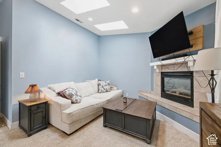 Built-in fireplace with tile surround and mantel