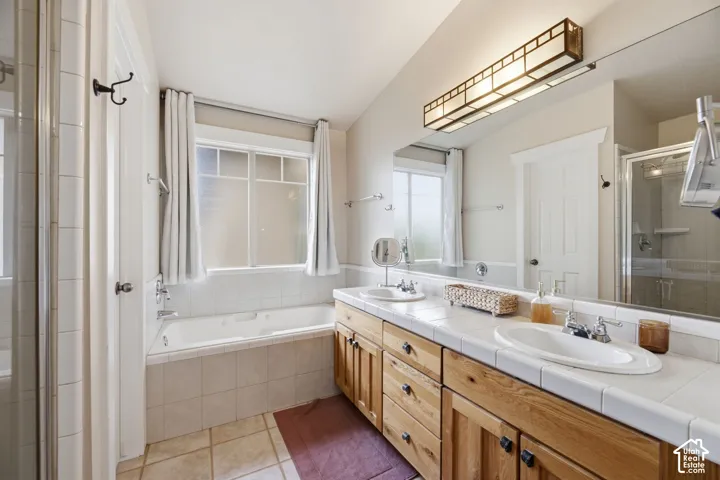 Double vanity with individual sinks, extensive countertop space, wood-finish cabinetry, built-in soaking tub, and a separate shower enclosure