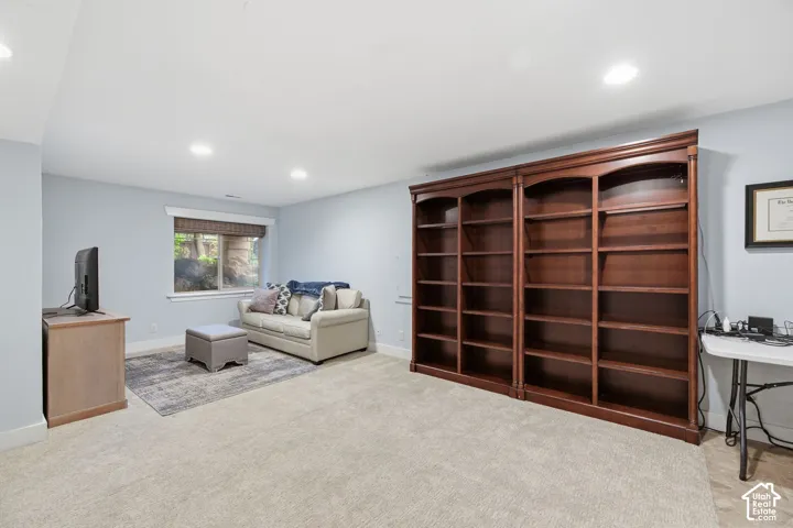 Built-in wood-finish shelving, recessed lighting, and a single window with blinds