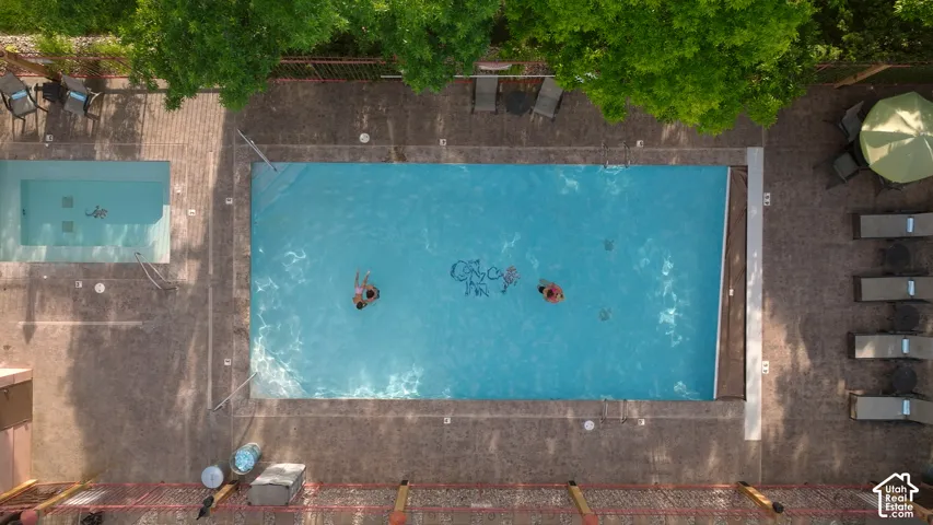 Rectangular swimming pool with an integrated spa, surrounded by a paved deck and mature trees