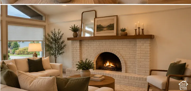Painted brick fireplace featuring a classic arched firebox, raised hearth, and thick wood mantel, complemented by large windows with transom detailing
