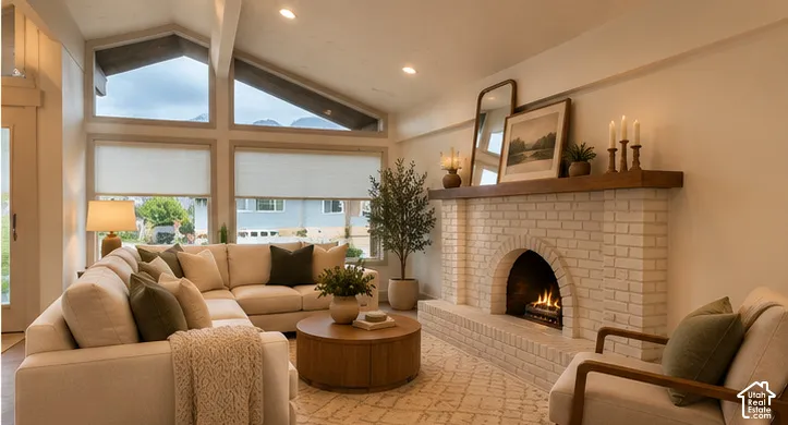 Vaulted ceilings, expansive multi-pane windows, and a brick fireplace featuring a wood mantel
