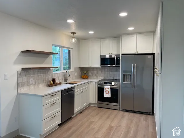 Kitchen featuring white cabinetry, stainless steel appliances, wood-finish flooring, recessed lighting, and a tiled backsplash
