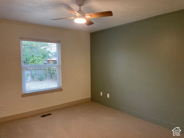 Neutral-toned carpeted flooring, single window with horizontal blinds, ceiling fan with light fixture, and crown molding