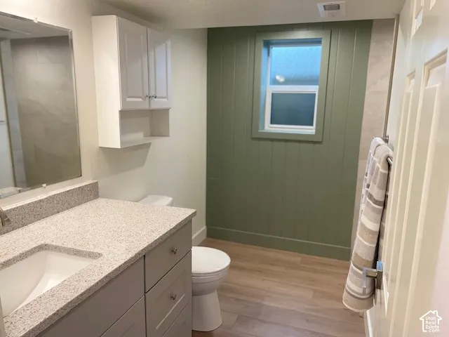 Vanity with integrated sink and stone-finish countertop, wood-finish flooring, wall-mounted cabinetry, and window