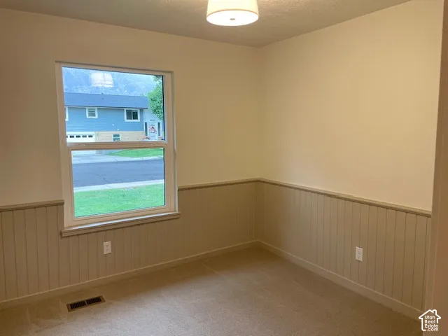Wall-to-wall carpeting, wainscoting, and a window with white trim